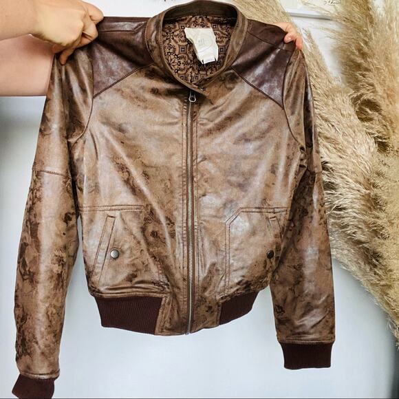 ANTHROPOLOGIE HEI HEI Brown Vegan Faux Leather Knit Cuff Bomber Jacket Coat XS - Picture 9 of 10